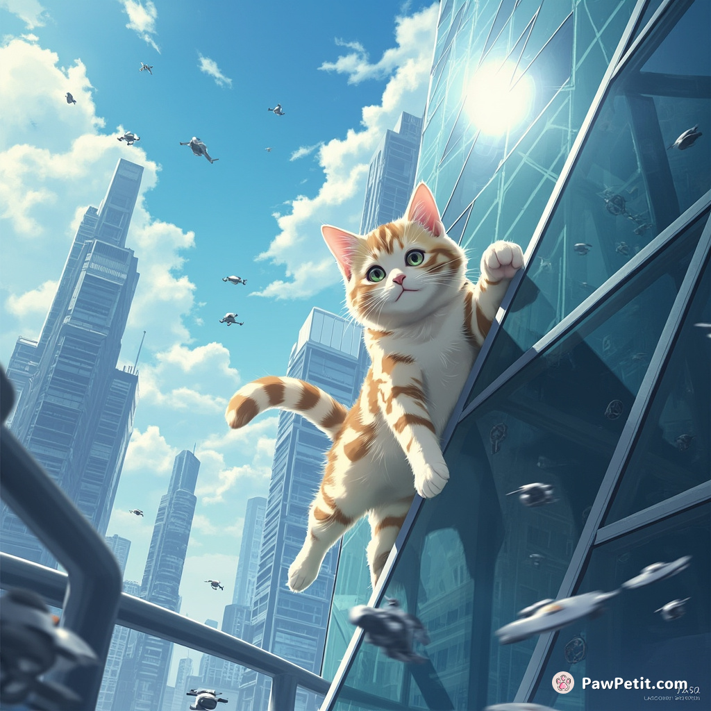 Amid a thrumming cyber-city, cat diagonally ascends glass sky-scraper through urbane drone-traffic; elegant display of feline levitation.