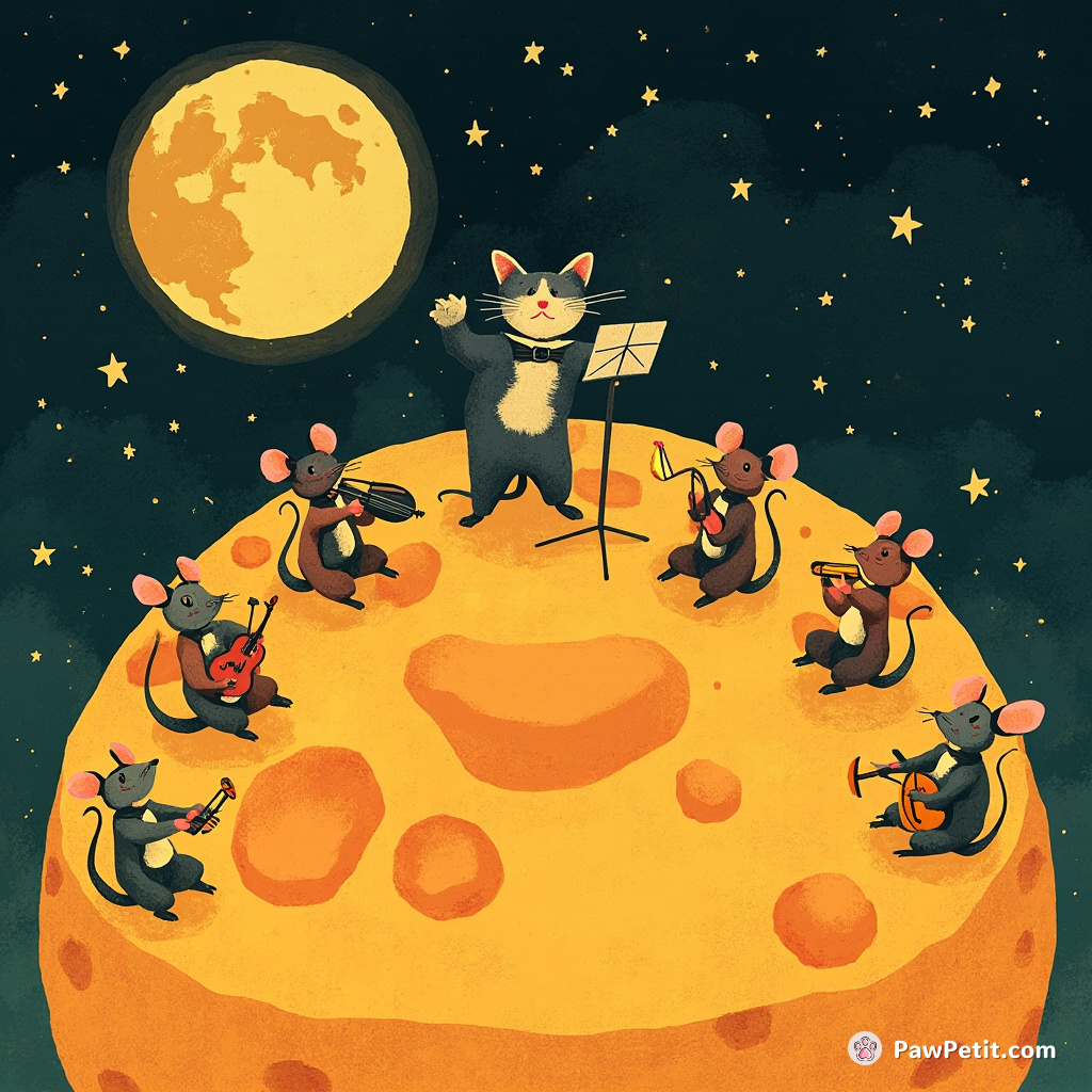 A cat conducting an orchestra of mice playing tiny musical instruments atop a giant cheese moon.
