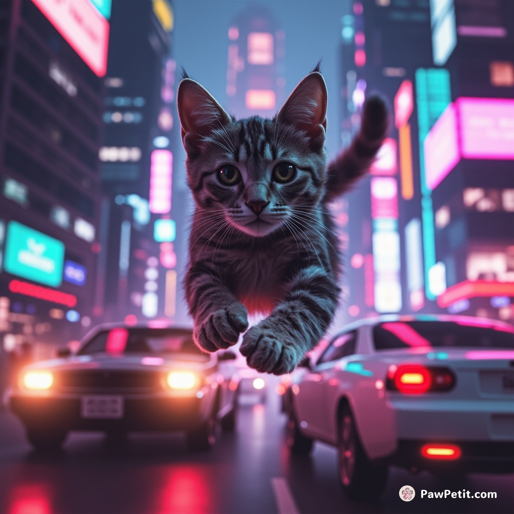 A sleek cat leaps between levitating cars, deftly dodging neon lights in the bustling, high-tech cityscape.
