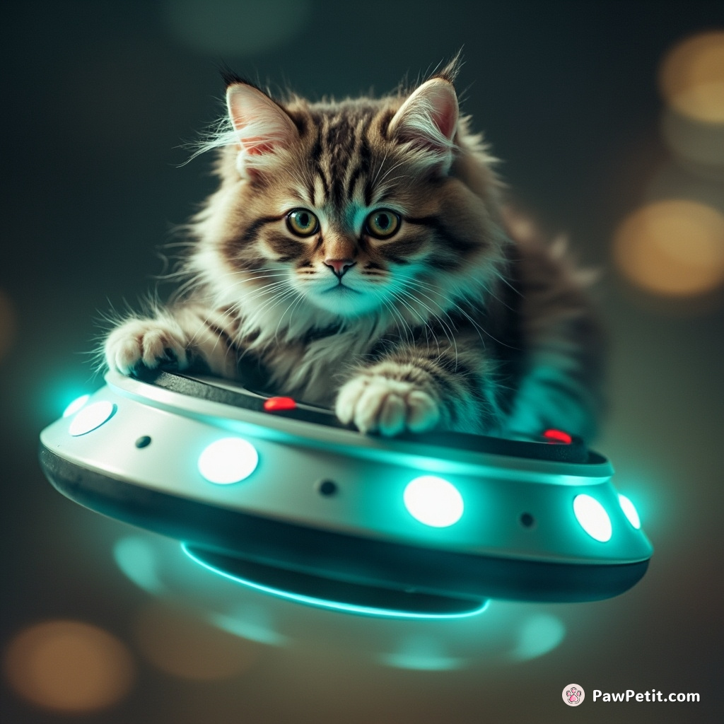 Cat deftly pilots a levitating saucer, paws dancing across neon-lit controls, defying gravity and logic alike.