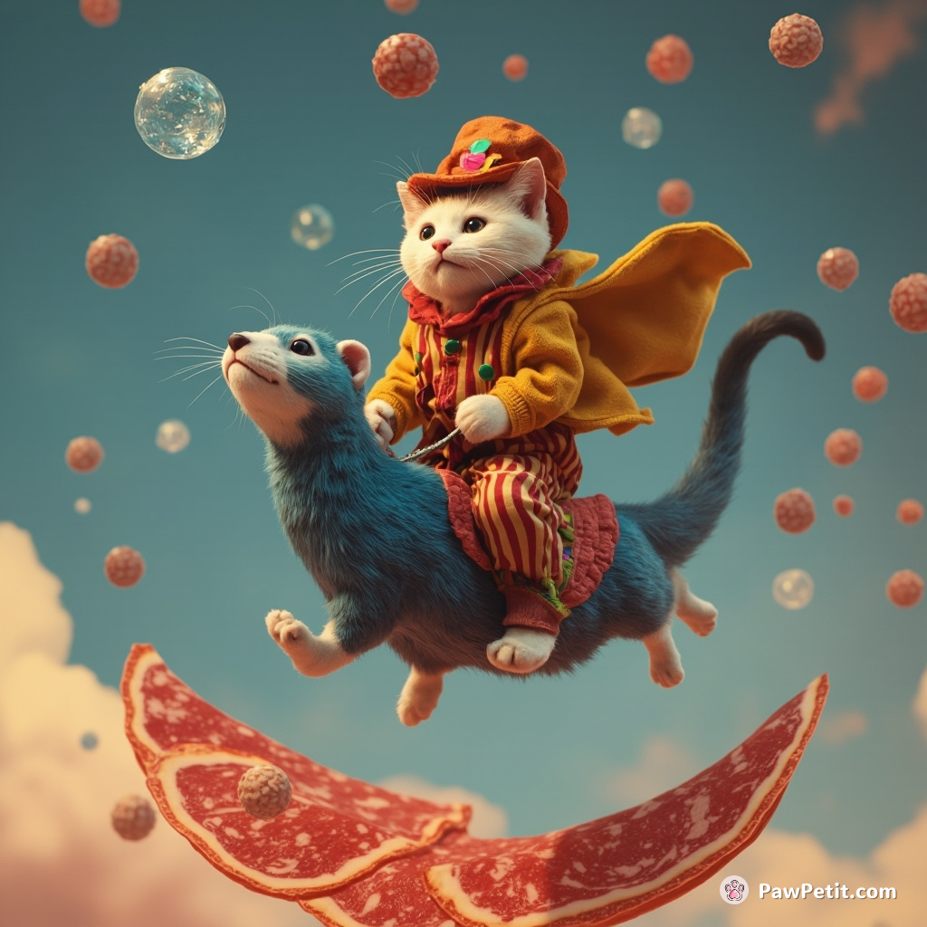 Cat riding a blue ferret in clownish garb across slices of salami in zero gravity, juggling crystal spheres.