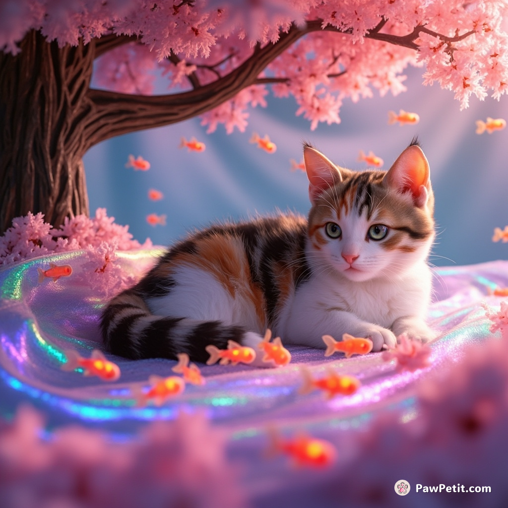 A calico cat weaving an iridescent silken blanket under a tree blooming with neon fish.