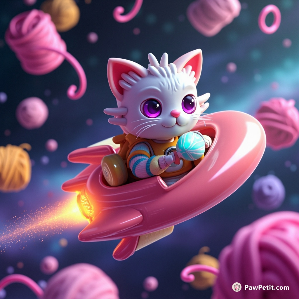 Cybernetic cat piloting a bubblegum spaceship through a nebula of spools of yarn.