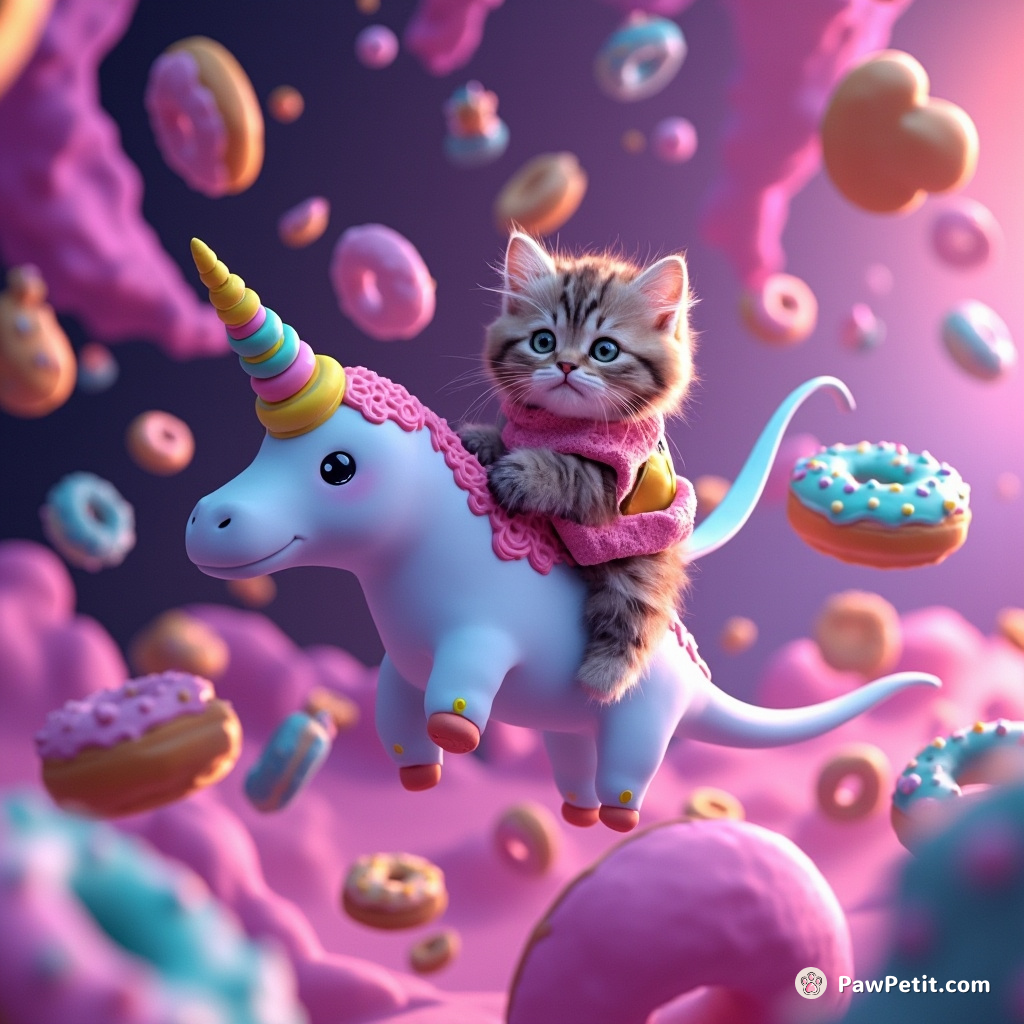 A kitten riding a psychedelic narwhal through a rain of neon donuts in some wormhole-space journey.