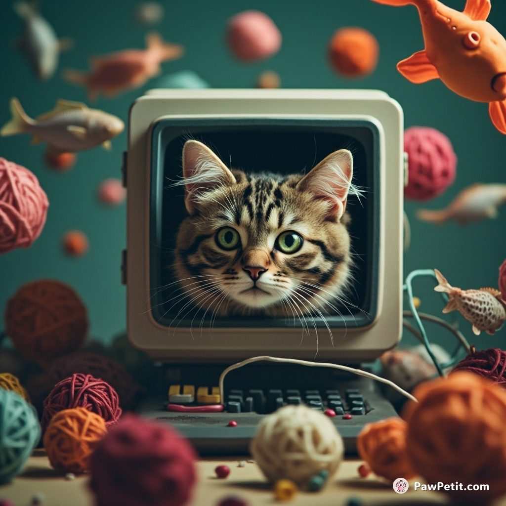 Cat uploading itself into digital realm through a retro computer system, surrounded by glitching fish and floating yarn balls.