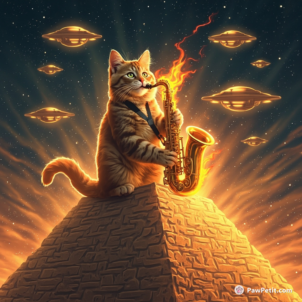 Cat playing a flaming saxophone on top the Giza pyramid, surrounded by UFOs pilgrimaging to its music.