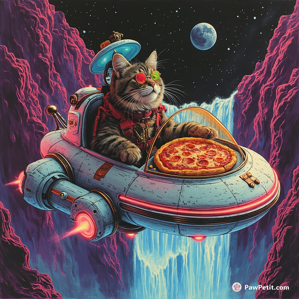 A chalk-sketch style steampunk cat piloting a pepperoni pizza spaceship over a neon-colored, gravity-defying waterfall.