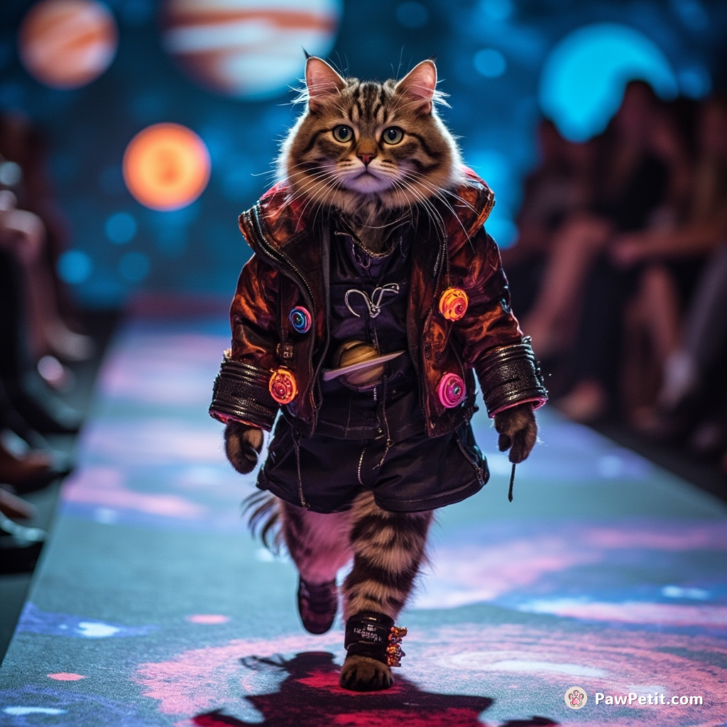 A fashion-forward cat strutting on a nebula-fashion-show runway, flaunting its radiant solar-system-inspired outfit, where each planet is represented by different accessories.