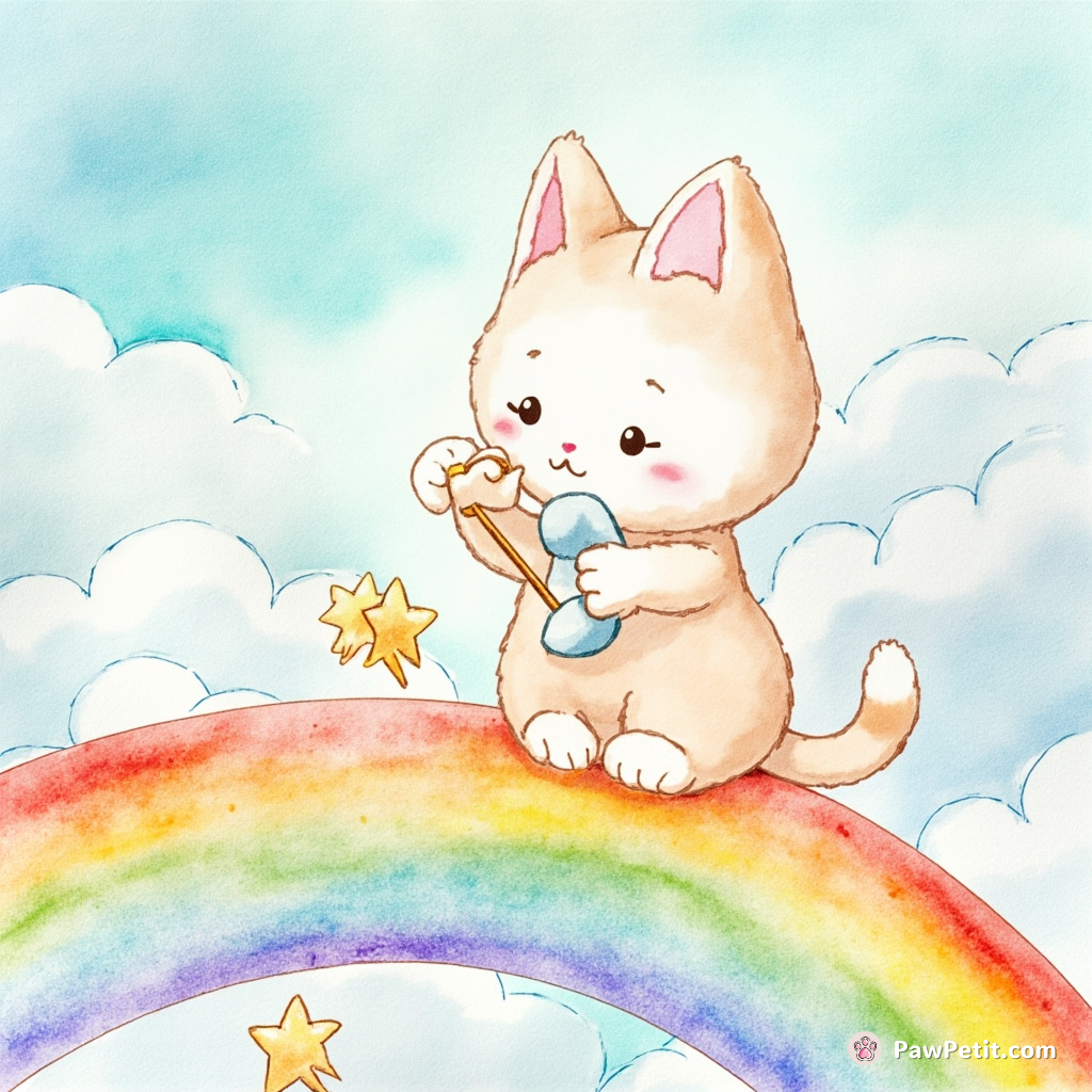 Cat perched on a rainbow bridge, tinkering with tiny star shape tools, fixing a glittery rollercoaster made of clouds.