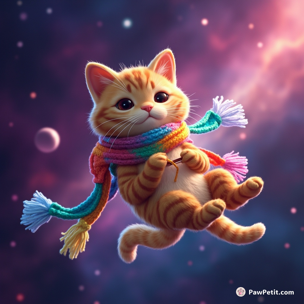 A cat knitting a scarf with strings of rainbow while floating in an outer space nebula.
