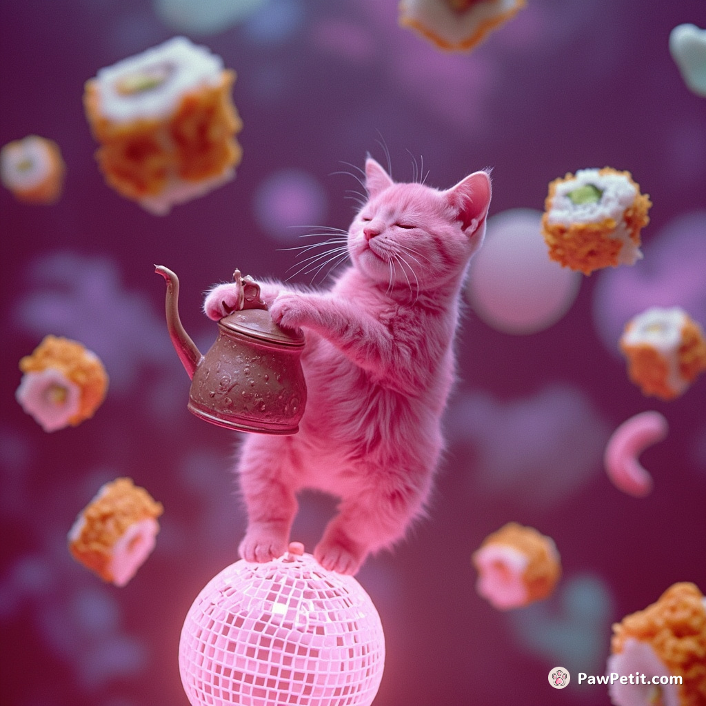 A neon pink cat doing a tango with an antique teapot on a disco ball among floating sushi rolls in zero gravity.
