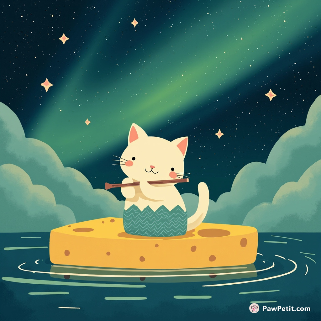 A mermaid cat playing a flute on a floating cheese under the aurora borealis.