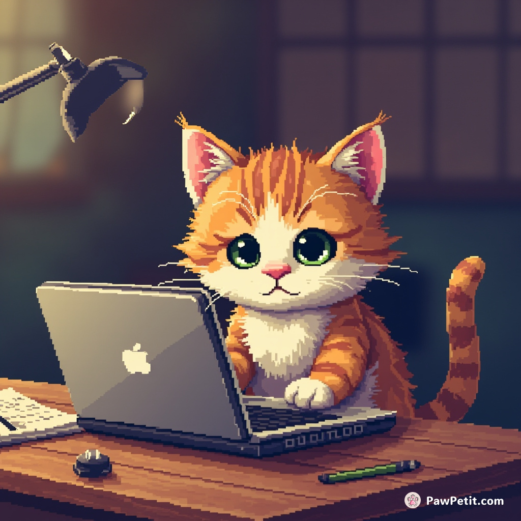 Cat sits at a tiny desk, paws poised over a laptop, pretending to work with intense focus.
