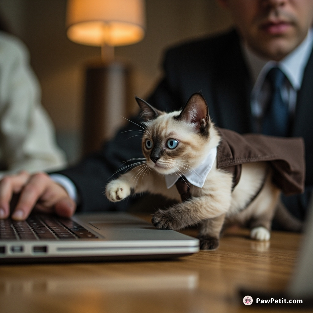 Cat, donning suit and tie, alley-cat tiptoes across a keyboard mid-meeting triggering “Reply All” on boss's embarrassing email.