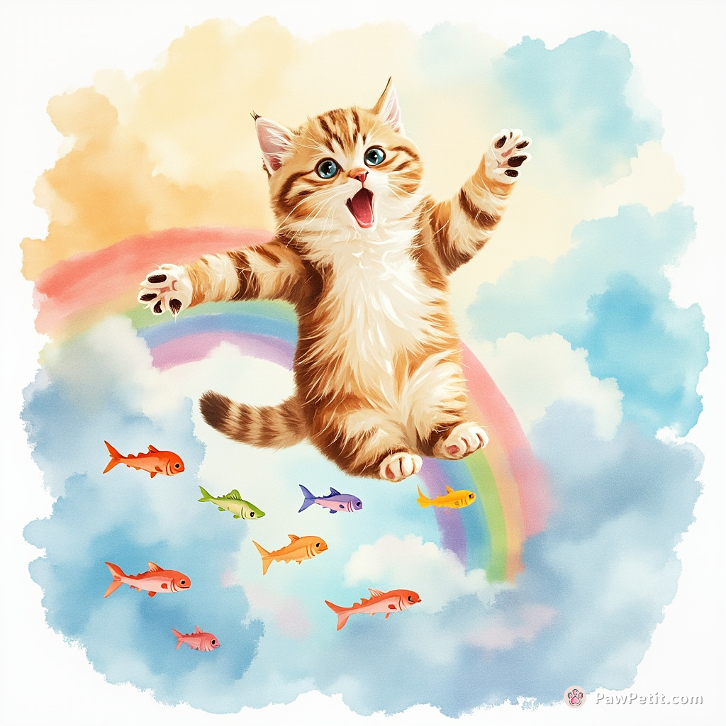 Cat skydiving over a rainbow made of fish with an astonished look on its face.