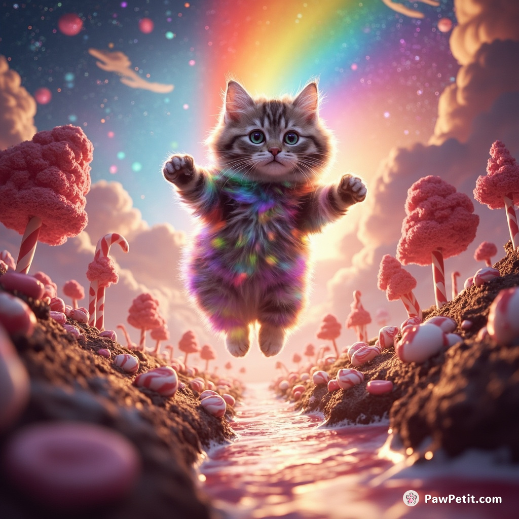 A fluffy Nebula Cat leaping through a swirling rainbow portal into an upside-down dessert world featuring candy cane trees and chocolate rivers.