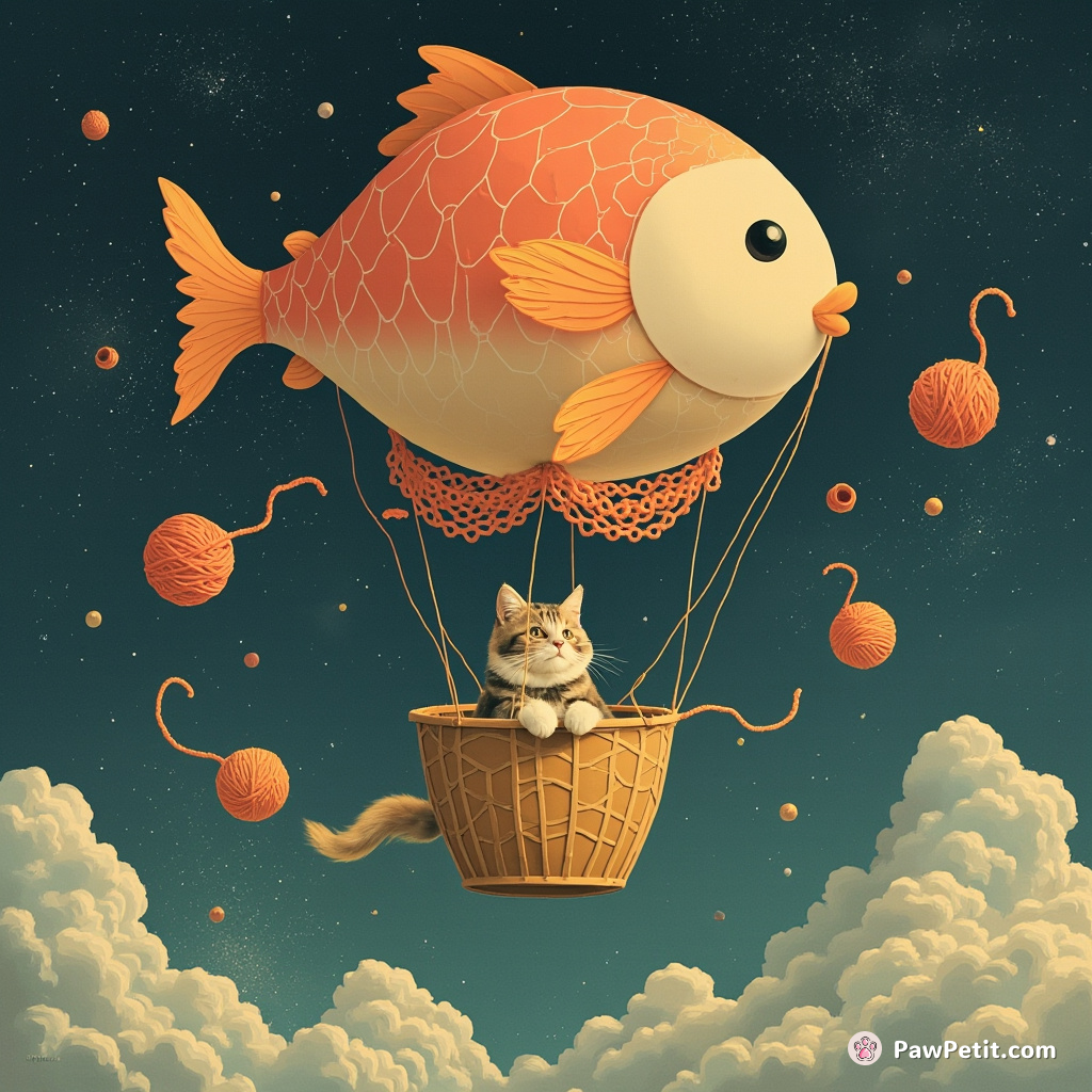 A cat flying a fancy hot air balloon shaped like a fish, while simultaneously juggling yarn balls in swirling colors of the cosmos.