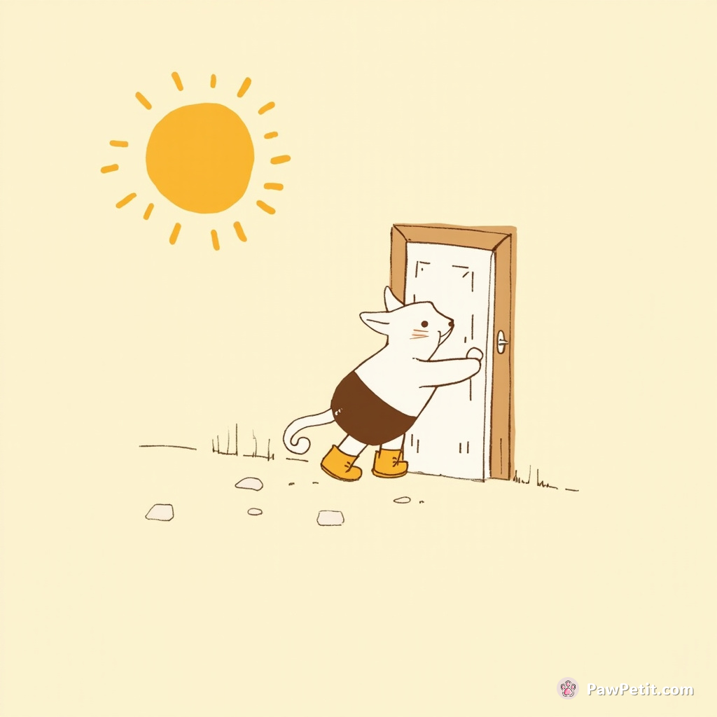 Whiskers tugs on tiny boots, waddles to the door, and struggles with the handle, determined to bask in the sun.