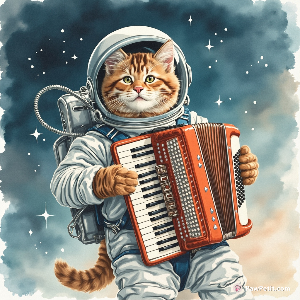 Cat playing accordion in zero gravity wearing diamond-studded spacesuit.