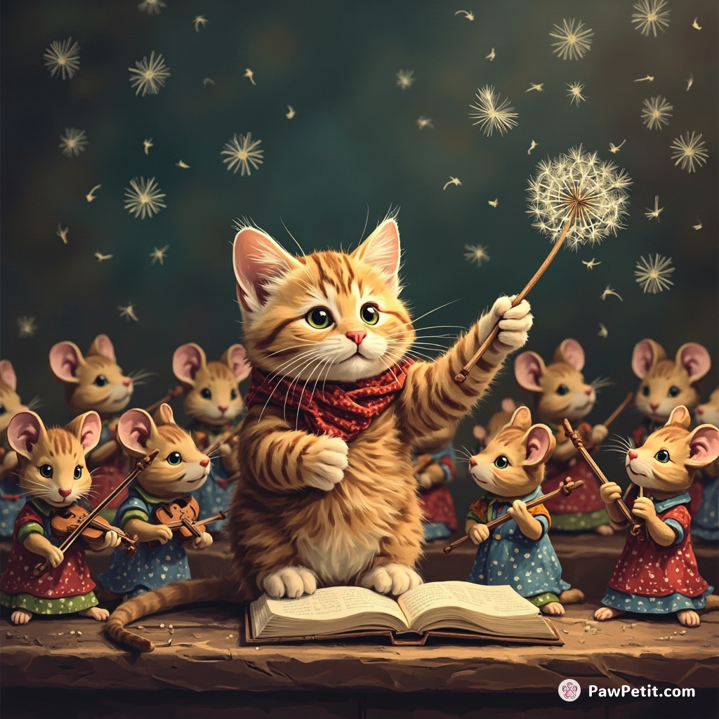 Cat conducting an orchestra of mice with a dandelion baton.