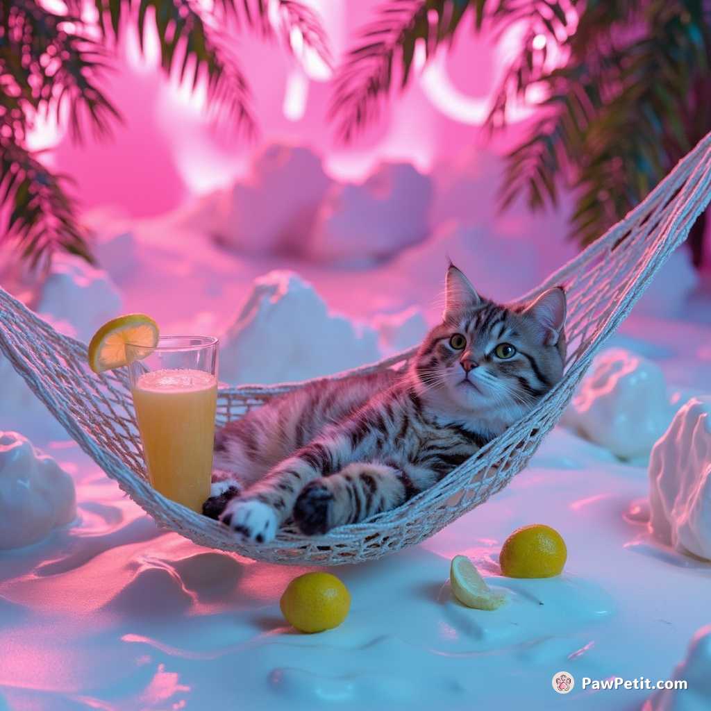 Cat sipping lemonade in a hammock on a floating cheese island amidst sea of milk.