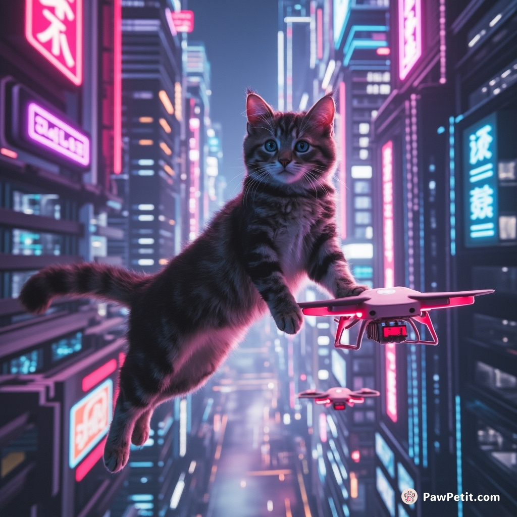 Cat leaps between neon skyscrapers, using hovering drones as platforms in the bustling digital skyline.