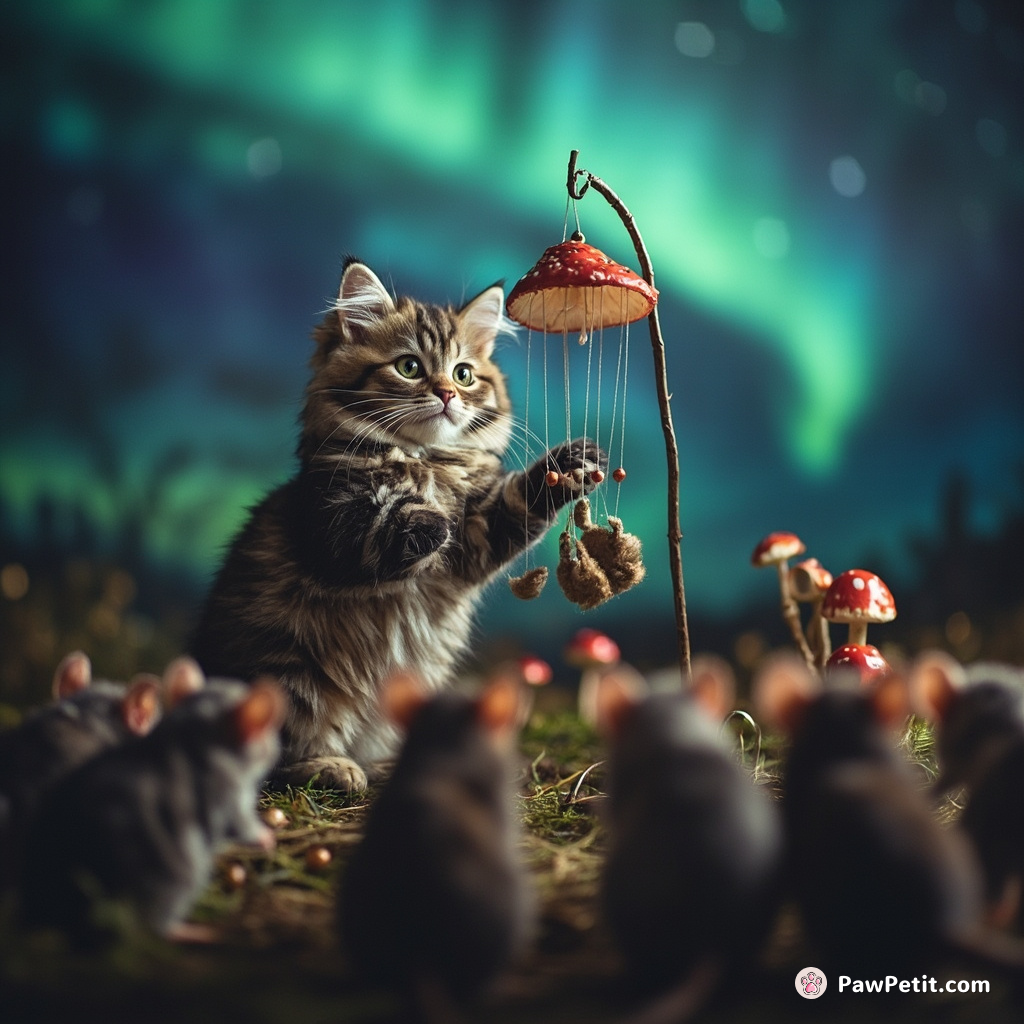 A cat puppeteering a marionette show for mice in the middle of a mushroom fairy circle under the luminescent northern lights.
