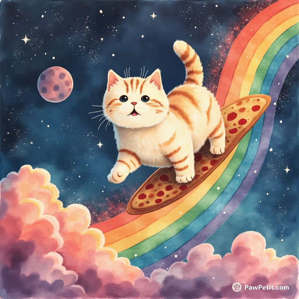 Cat surfing on a pizza slice over a rainbow-charged nebula in space.