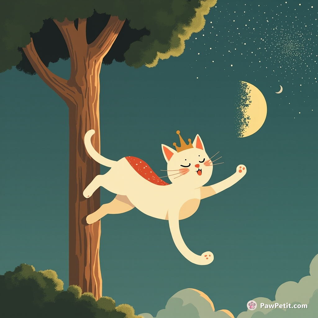 Cat king scales tallest tree, declares war on the moon, wagging tail fiercely.