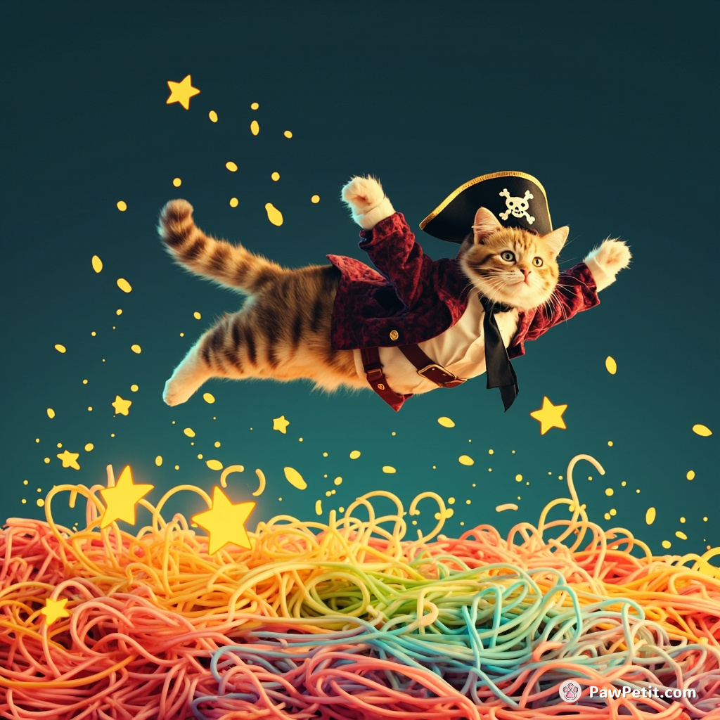 Gravity-defying cat dressed as a pirate flying above rainbow-colored spaghetti sea with glowing fish-shaped stars leaping out.