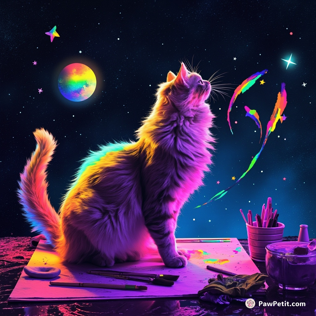 A cat painting a masterpiece with its tail, using rainbows for hues and floating constellations as brushes.