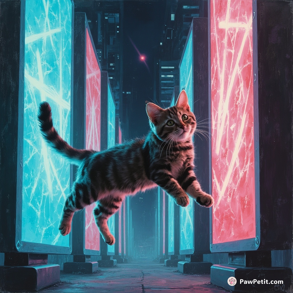A sleek cat leaps between holographic billboards, its tail flicking through digital streams in the neon-lit metropolis.
