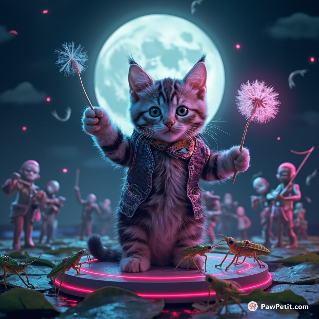 A cat conducting a symphony orchestra of grasshoppers with a dandelion baton on a lily pad stage under the moonlight.