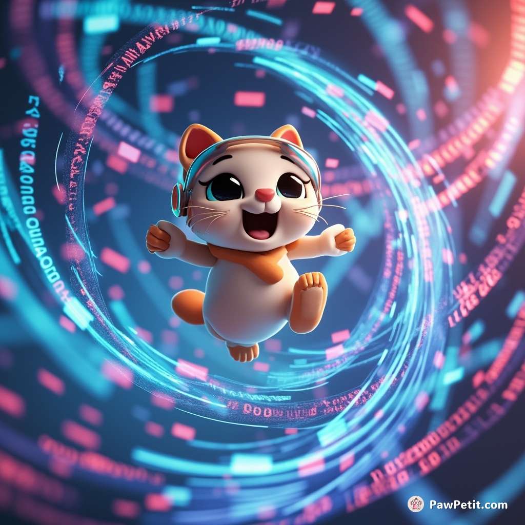 In a digital realm, a cat leaps through swirling code, weaving virtual worlds with each graceful bound.