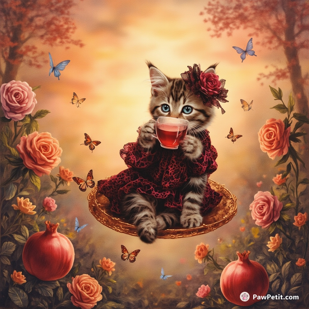 Gothic Victorian kitten elegantly sips tea from a floating pomegranate cup in an enchanted butterfly garden under a transcendent sunset.