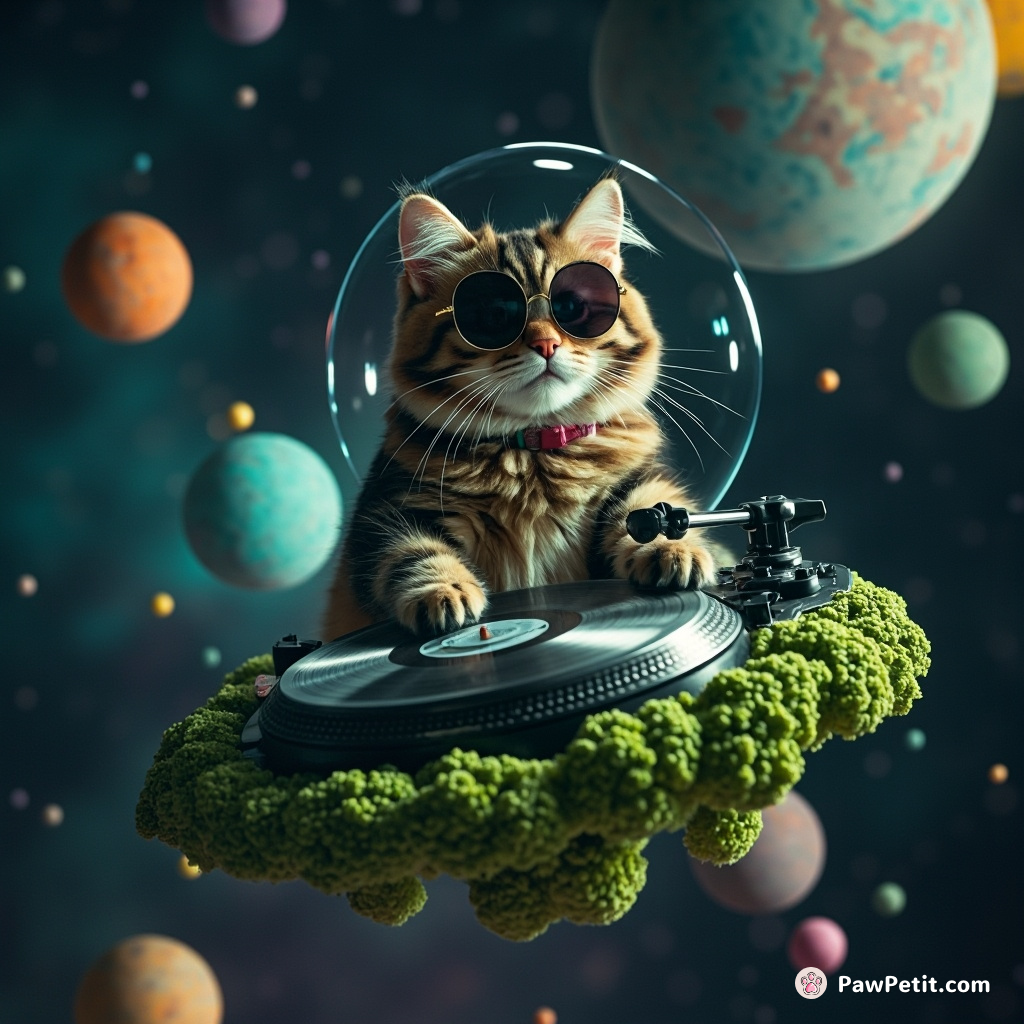 Cat DJ mixing cosmic tunes on a broccoli-shaped turntable, floating in outer space.