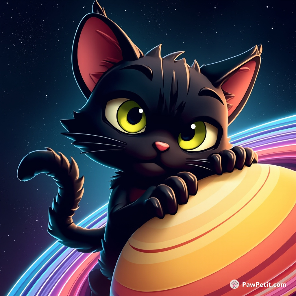 A black cat sharpening its cosmic claws on the rainbow rings of Saturn.