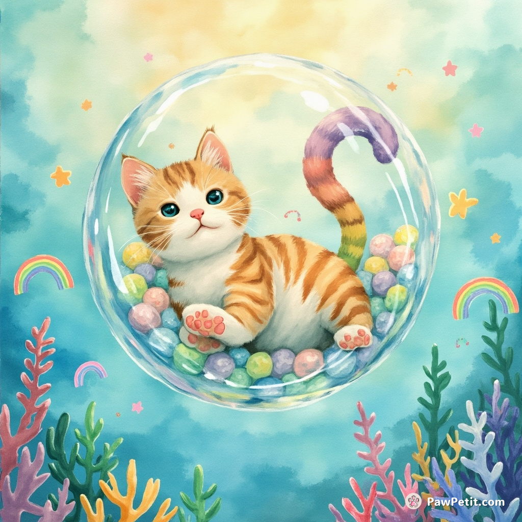 Cat floating in a bubble, painting rainbows with its tail in an underwater favela.