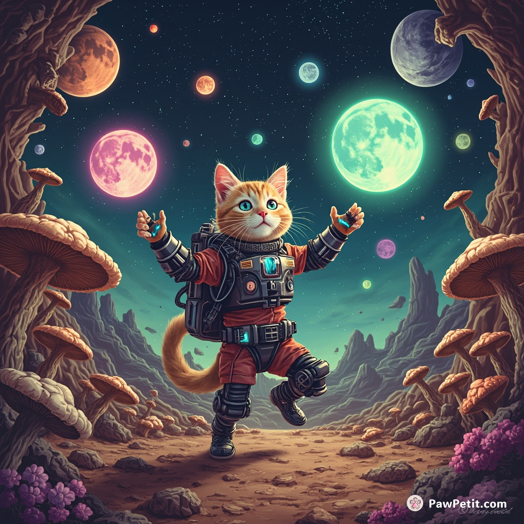 A glowing, cybernetic cat juggling iridescent moons on the mushroom-infested ruins of a defunct Martian space station.