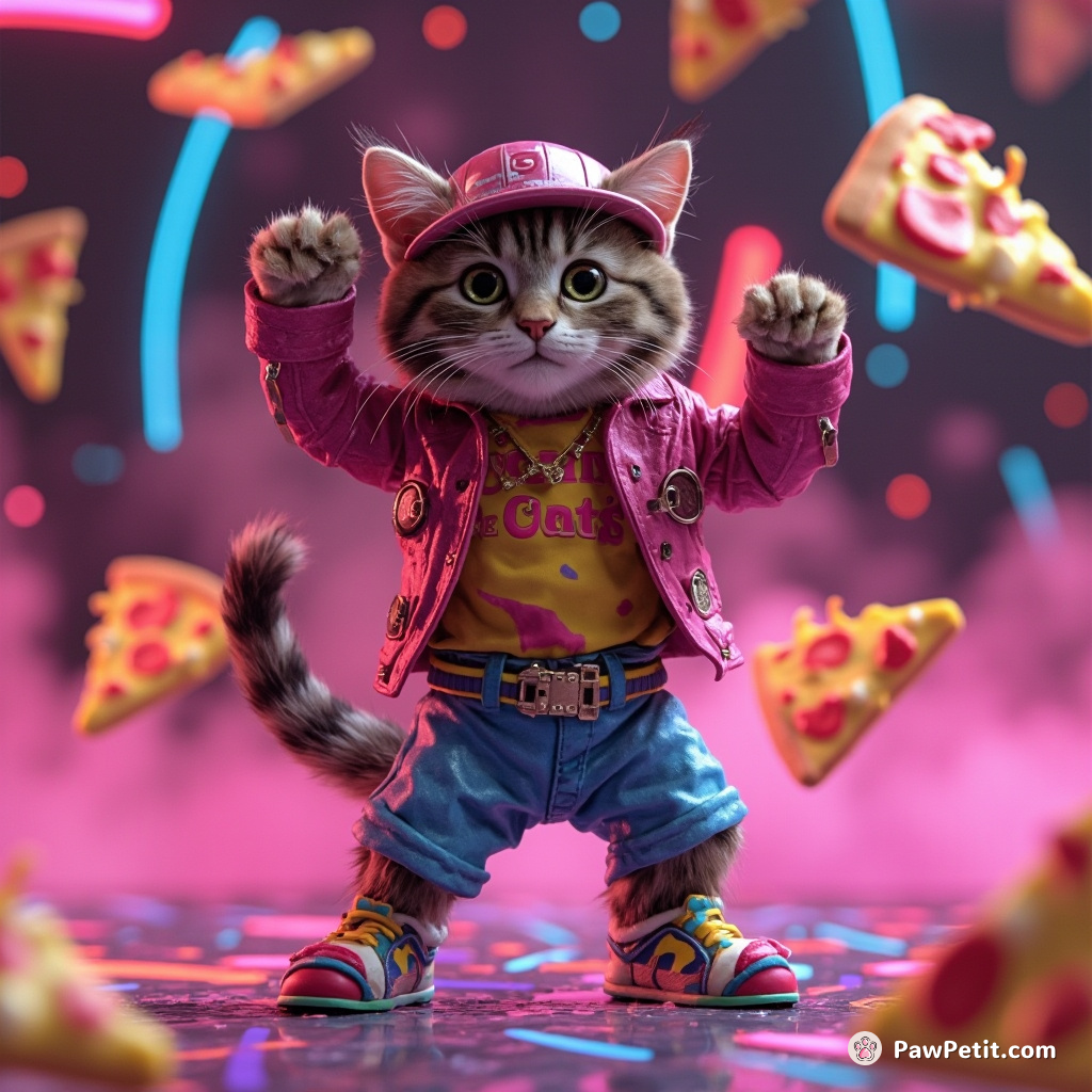 Cat breakdancing in neon 1980s attire amidst floating cosmic pizza slices.