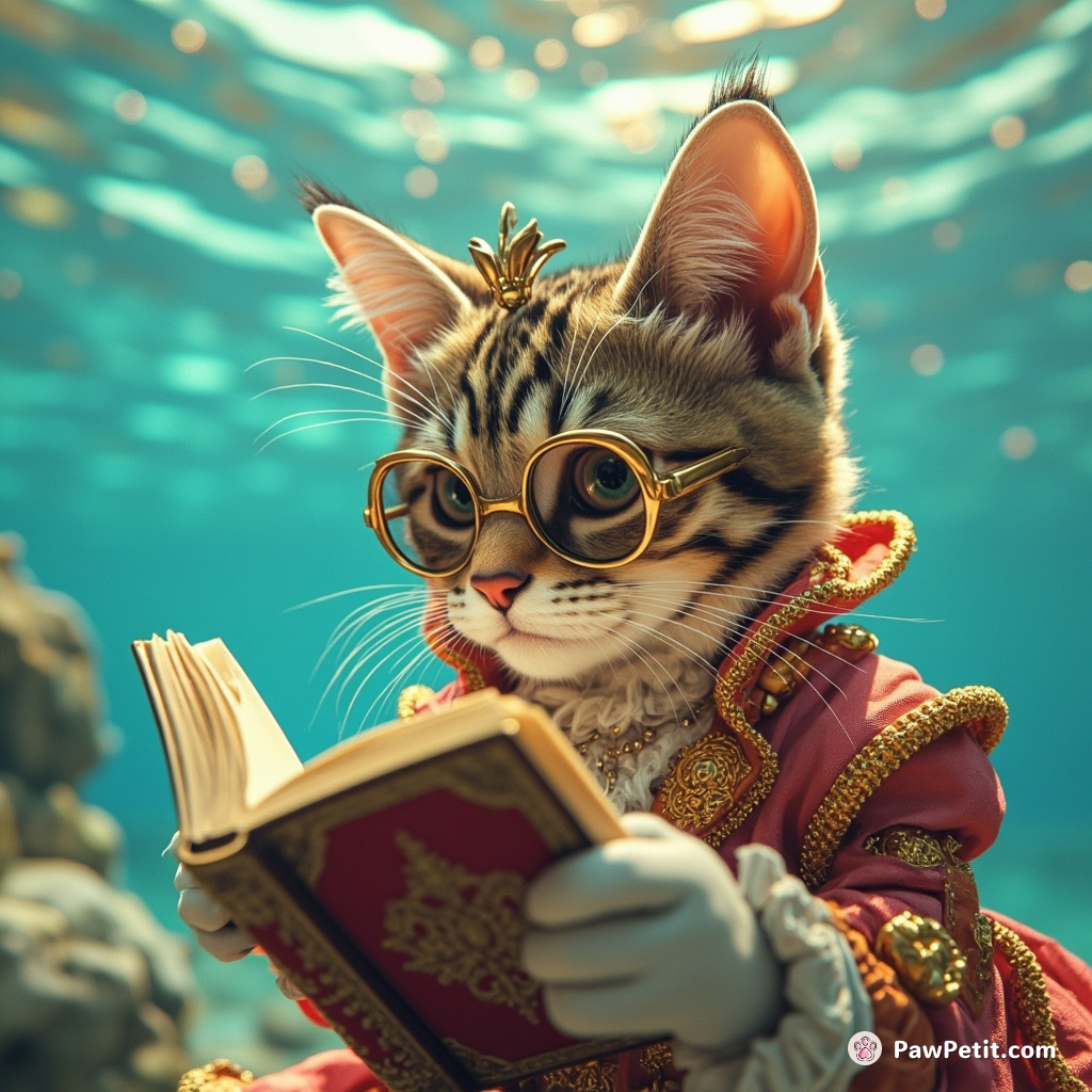 Cat in a lavish Rococo grammarian outfit, scrutinizing an intergalactic language guide under the crystal clear water of an upside-down ocean.