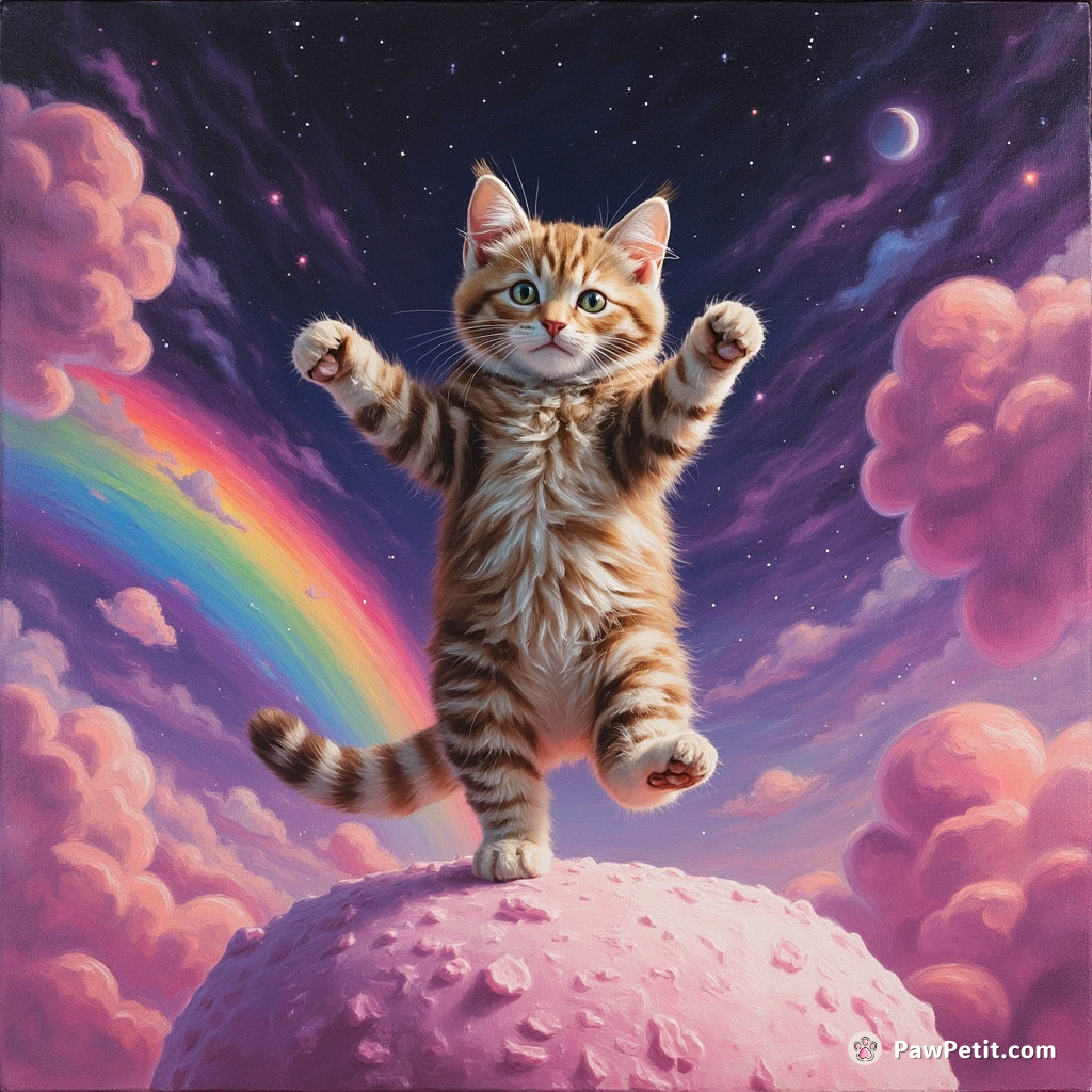 Cat tap-dancing on a glistening marshmallow under the neon rainbows of an alien sky.