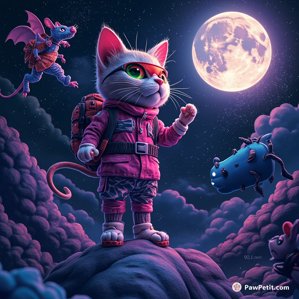 Whiskers the cat scales the moon, defeats cheese dragons with a mighty purr, and returns with stardust for mice friends.