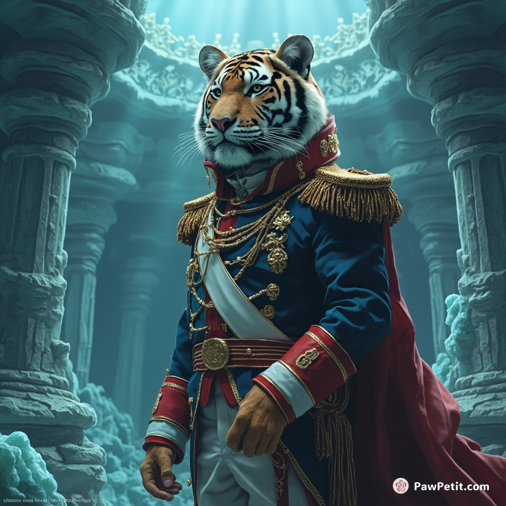 A royal Bengal tiger wearing Napoleon's full military attire and posing in the chambers of a magical underwater castle made from moonstones.