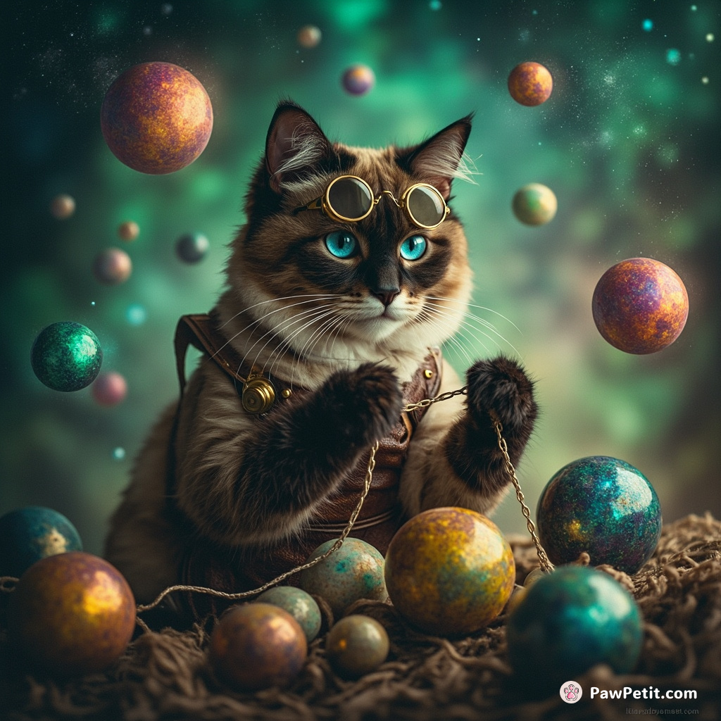 Steampunk cat knitting multicolor galaxies in zero gravity under an emerald-studded sky.