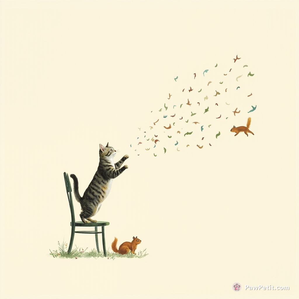 Cat leaps onto garden chair, mimicking human posture, paws splayed, surveying chaos of fluttering leaves and scurrying squirrels.