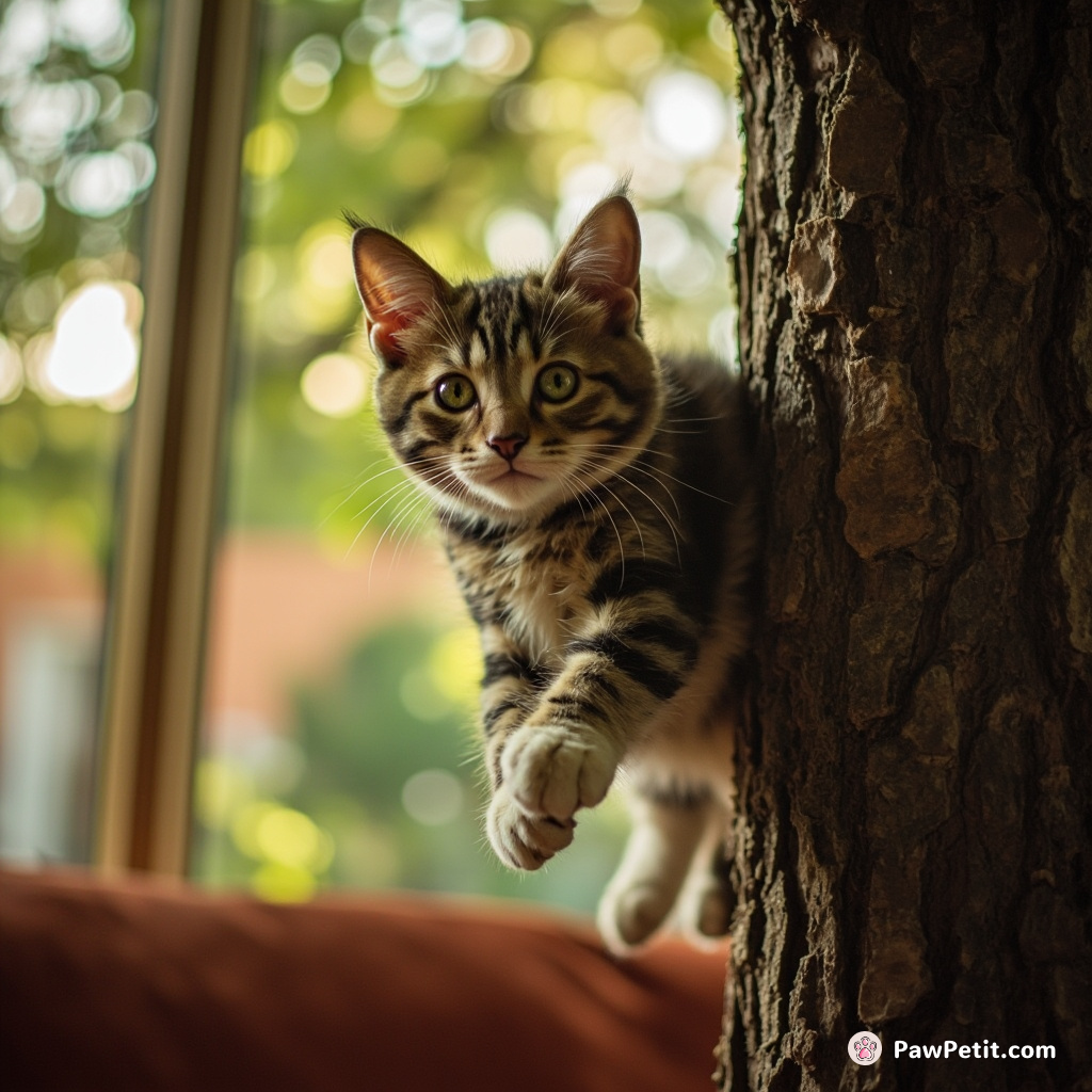 Cat bungee jumps couch-to-tree, unknowingly invents feline adrenaline extreme sports. Cue irrepressible airborne fur motion.
