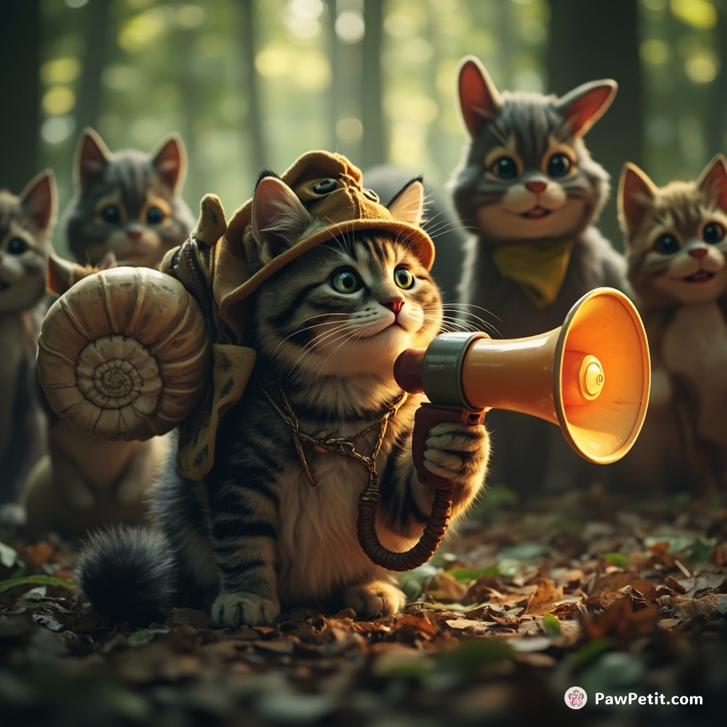 Cat using a nautilus shell as a megaphone to hold comic moot with smug forest animals.