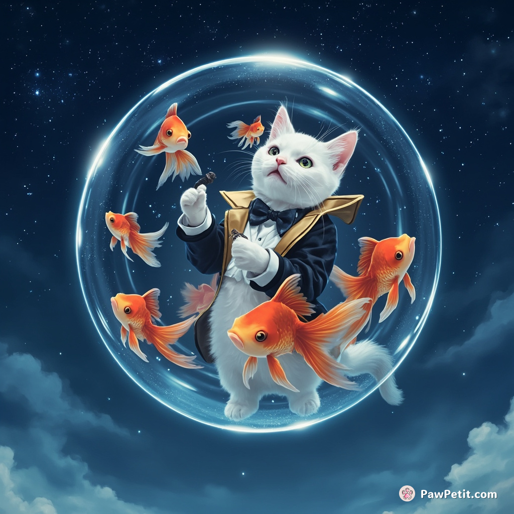 A regal tuxedo cat conducting a choir of singing goldfish inside a floating soap bubble high in the starlit sky.
