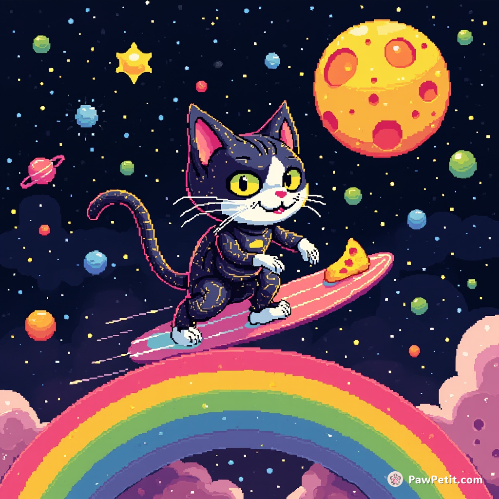 Cybernetic cat surfing on a rainbow in the cosmos, gnawing on a multicolored cheese moon.